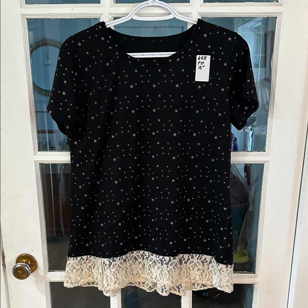 658.  Black Star Patterned Women's Top with Lace Hem